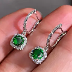 Cushion Double Halo Drop Hoop Earrings Luxury Full Paved CZ Formal Wedding Jewelry