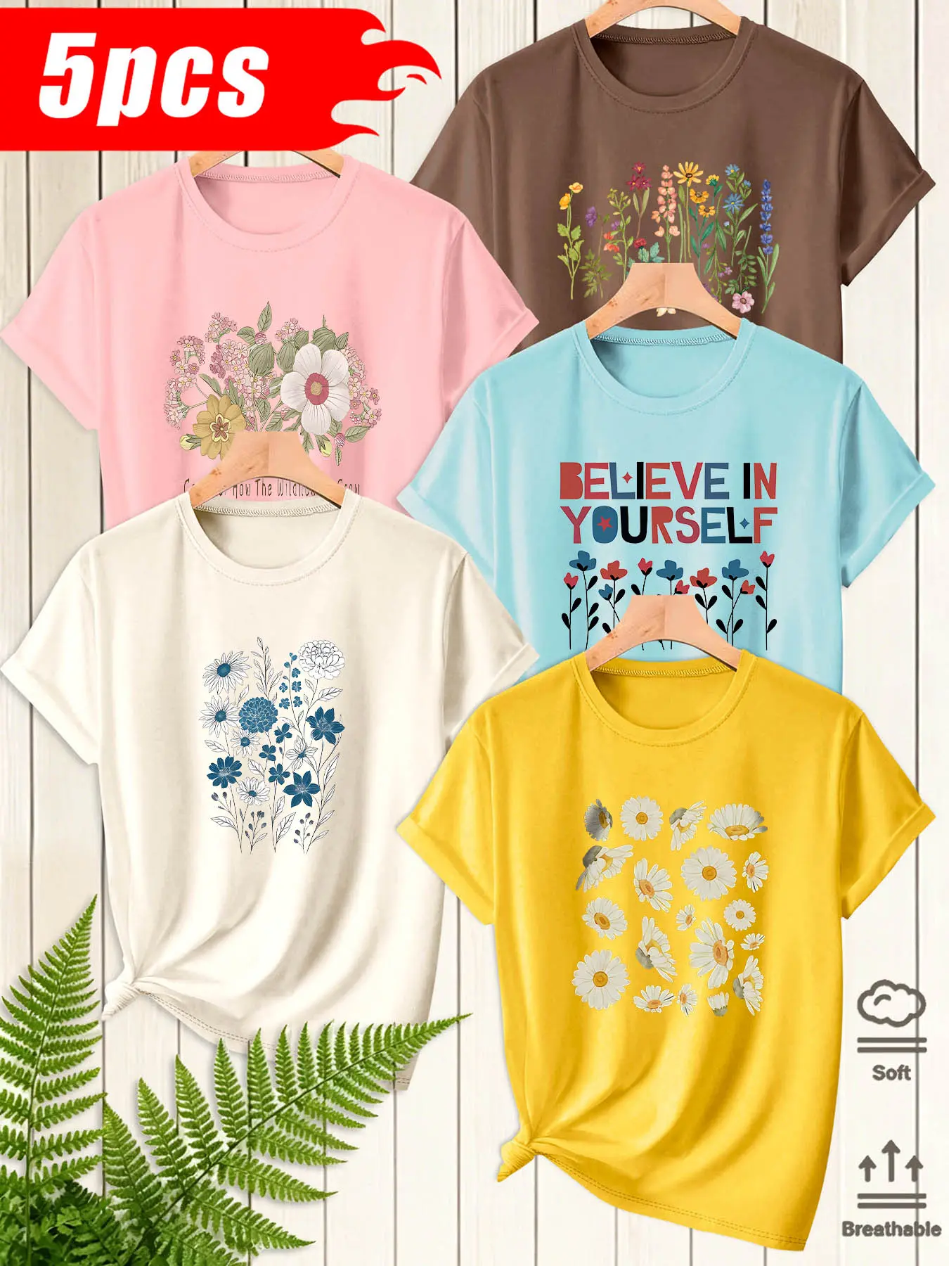 5Pcs Women Crew Neck T-Shirt, Daisy Wildflower Believe In Yourself Minimal Floral Print, Multi-color Washable Spring Summer Top, Casual Tee Shirts, Soft Skin-friendly Fabric Daily Versatile Fashion Design