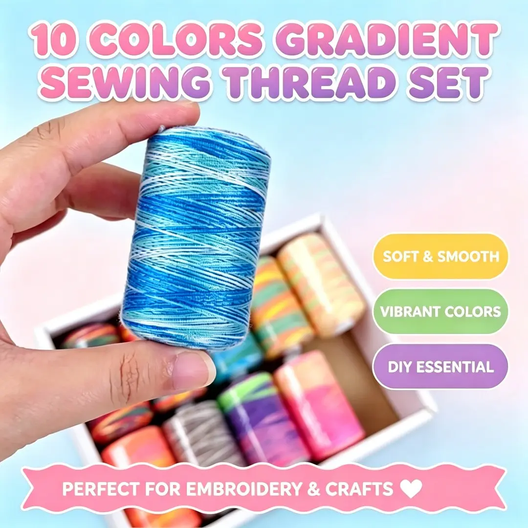 10 Color Gradient Sewing Thread Set, Dyed Rainbow Polyester Threads, Ideal for Embroidery, DIY Crafts, Hand Stitching Projects, Sewing Machine Thread