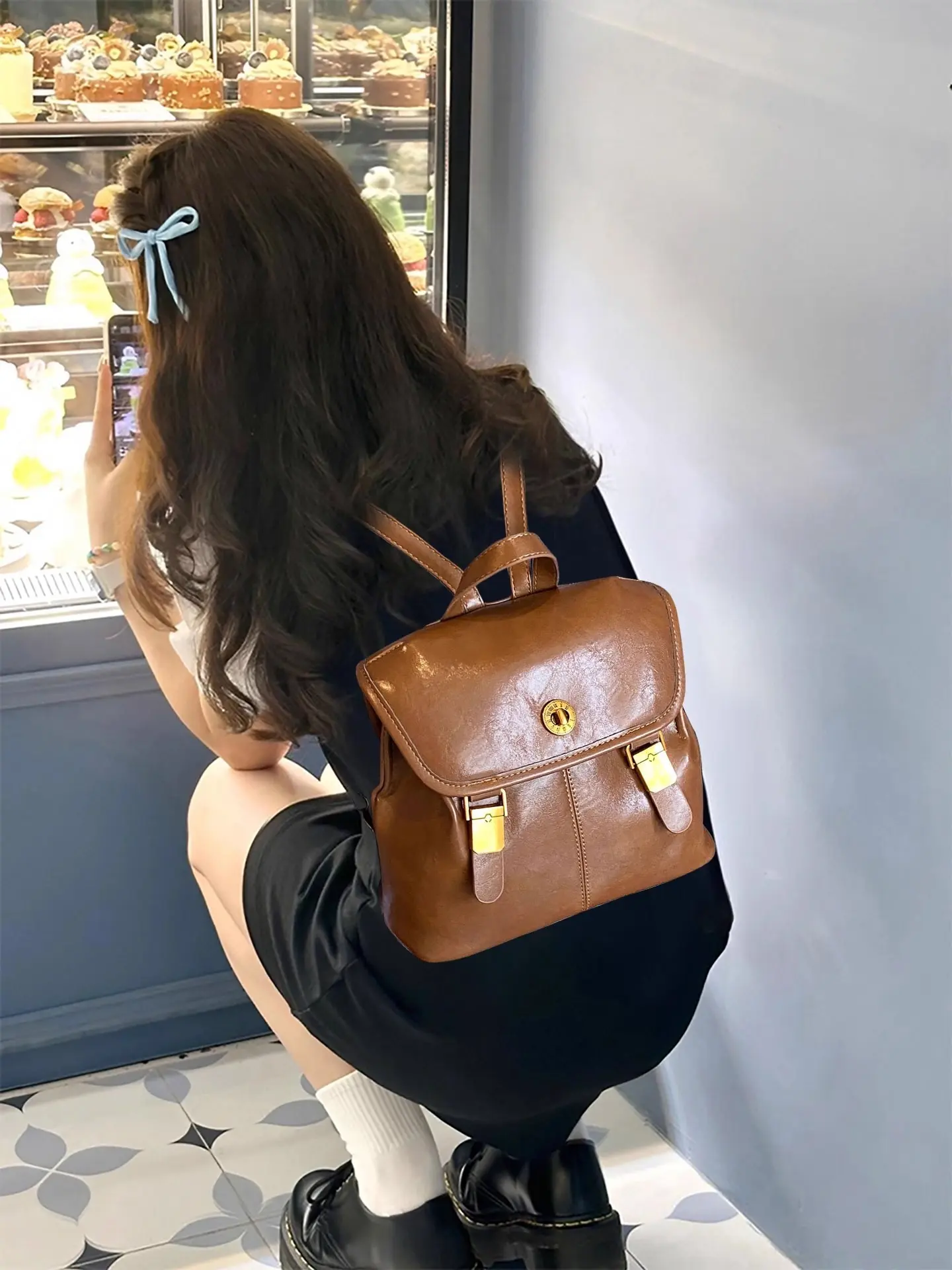 Women's Preppy Style Backpack, Vintage Soft Leather Small Bag, Simple Fashion Versatile, Ideal for Travel, Commute, Daily Use, School