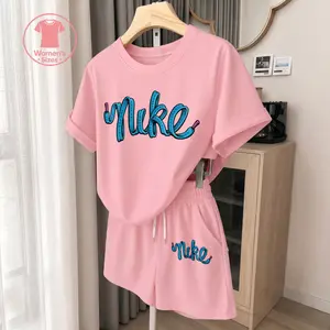 Women’s Logo Graphic Print Short Sleeve T-Shirt and Drawstring Shorts Set, Casual Summer 2-Piece Outfit, Comfortable Crew Neck Top and Elastic Waist Shorts for Daily Wear, Vacation, Travel, Beach and Lounge Wear