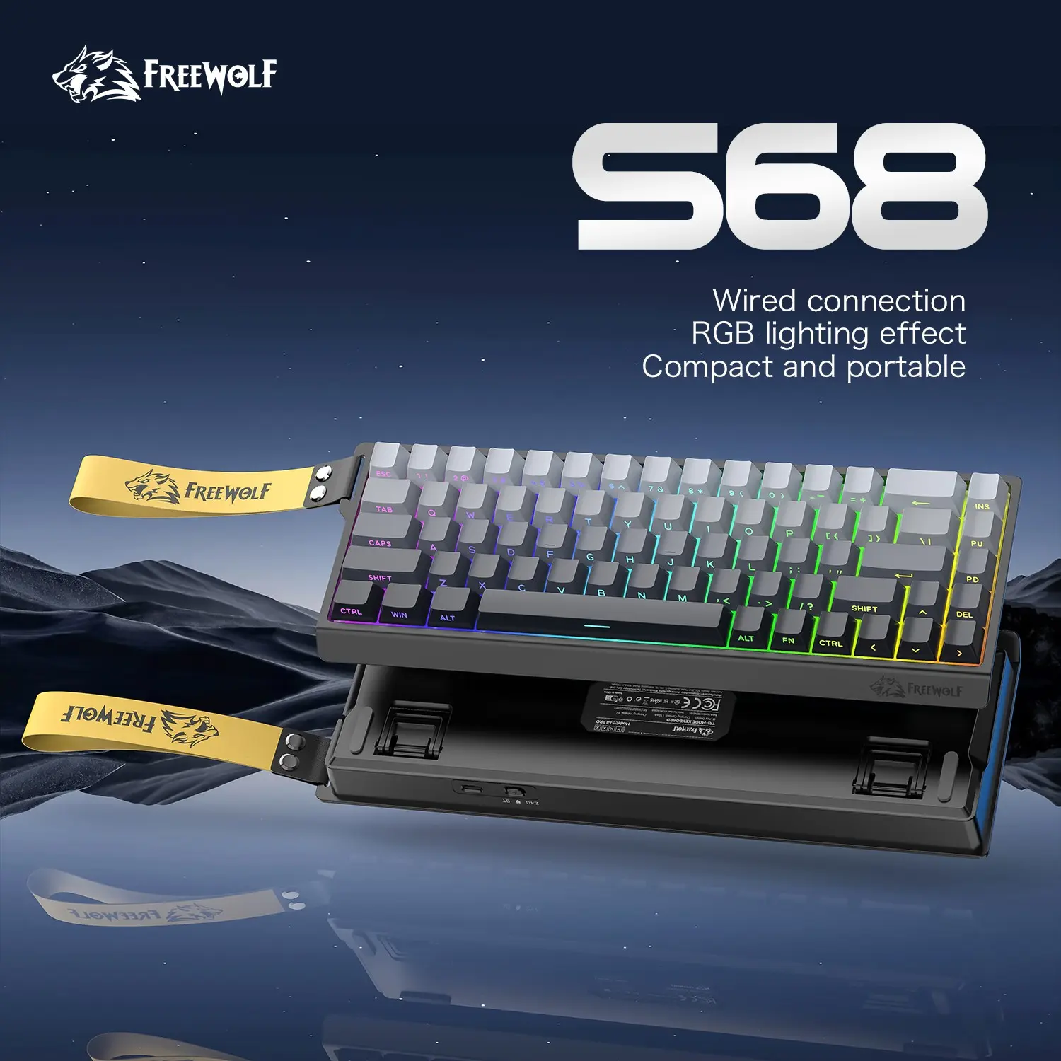 Free Wolf S68 Wired Gaming Keyboard, Compact Layout, Equal Height Side Keys, Character Backlighting, Ideal for Esports and Gaming