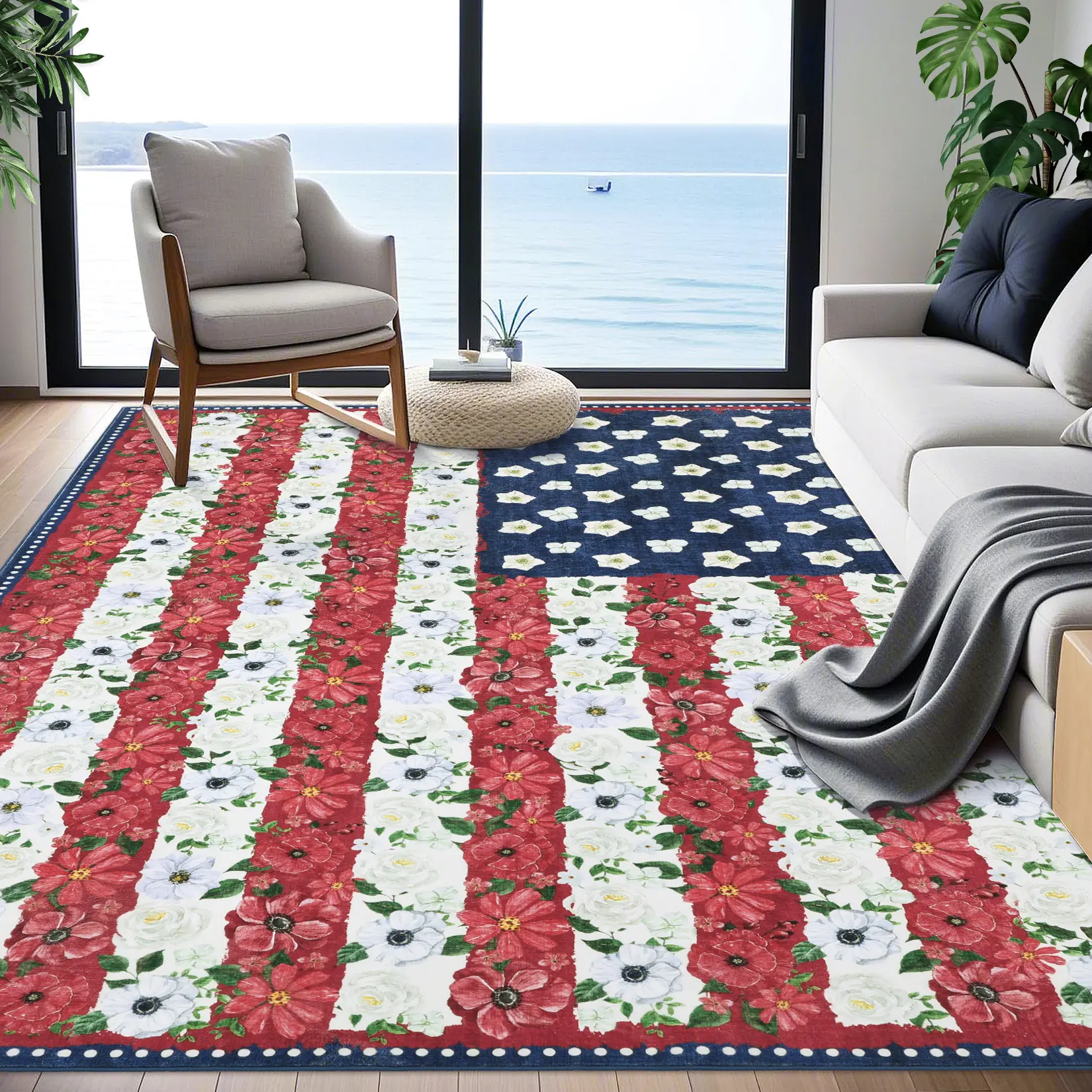 Vintage American Flag Area Rugs,Red Blue 9'x12' Patriotic US Stars Stripes Flags Washable Non-Slip Carpet
