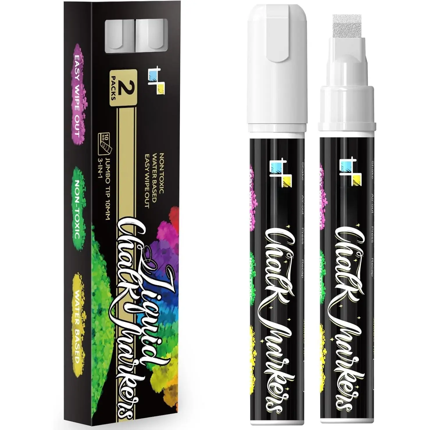 White Liquid Chalk Markers, 2 Pack Washable Chalkboard Markers | 10mm 3 in 1  Tip, Thick Wide Erasable Chalk Markers,   Pen for Window, Blackboard, Mirror, Poster, Auto, Glass