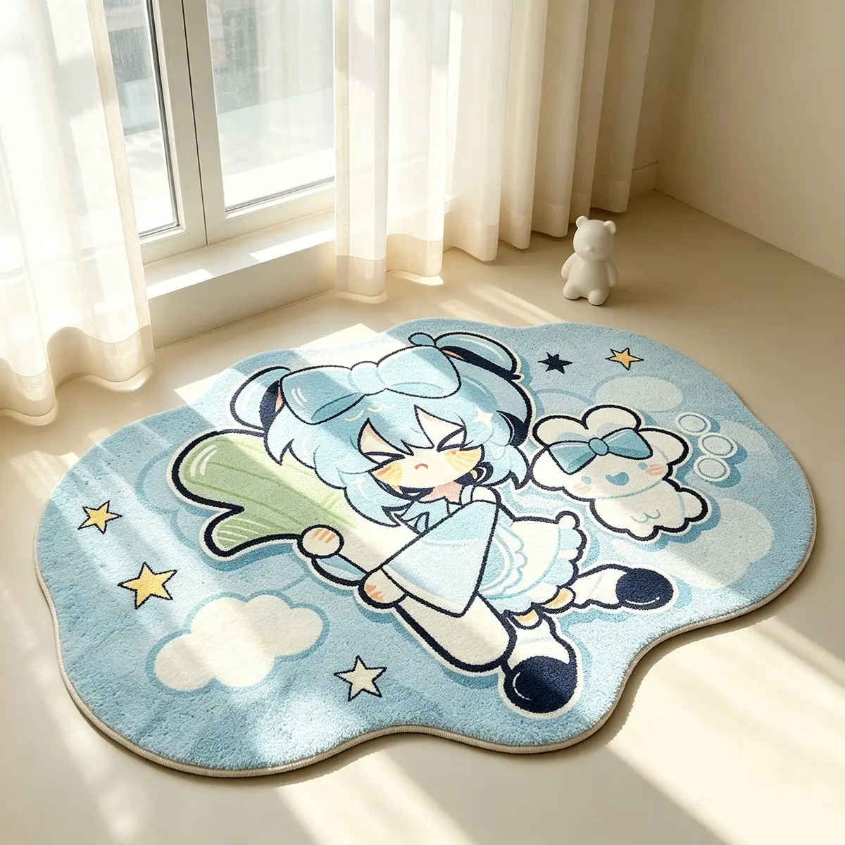 Cloud-Shaped Blue Hair Girl Plush Rug, Soft Cute Anime Cream Makeup Desk Bedroom Decor Mat, Fresh Blue Healing Cartoon Foot Pad