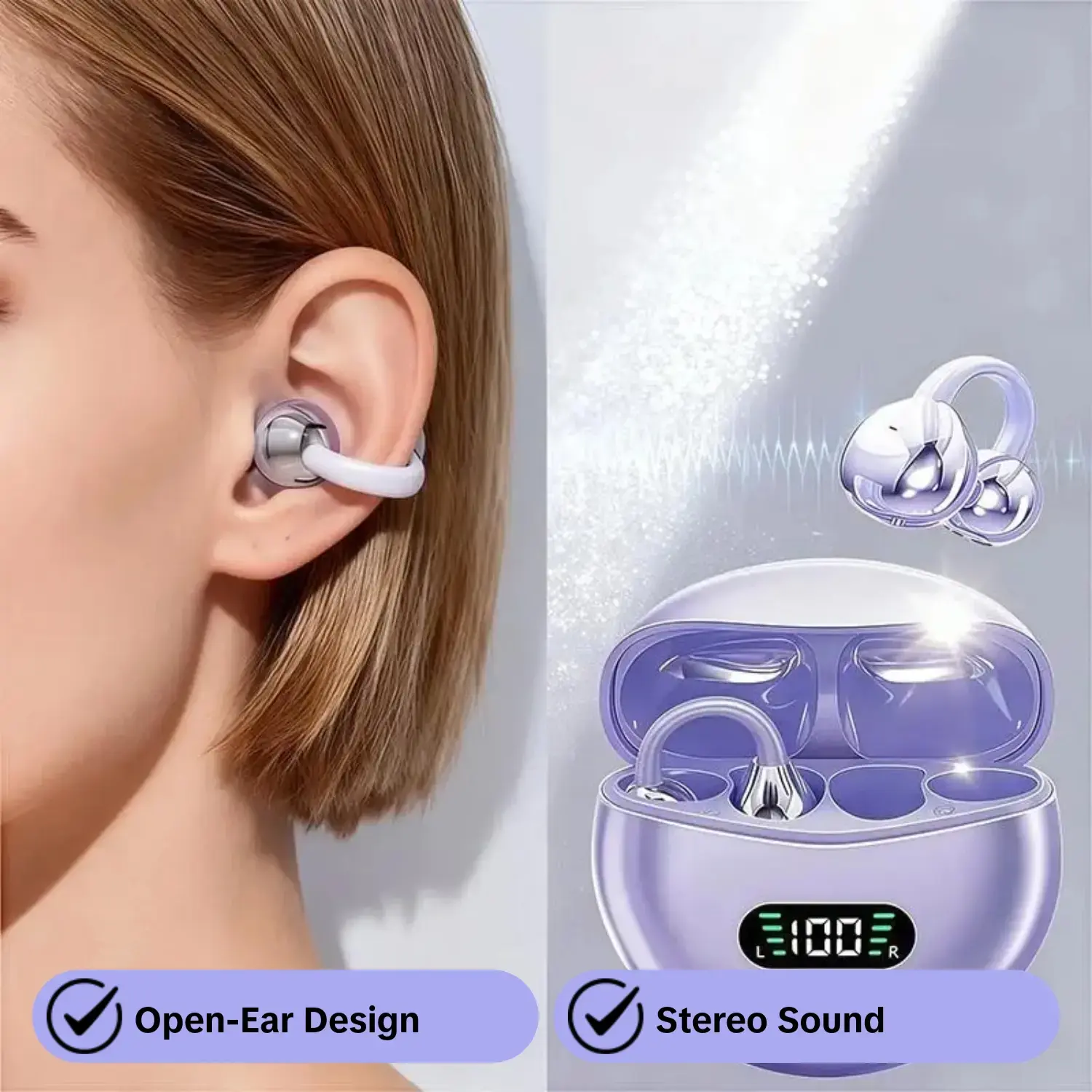Wireless Open-ear Headphone, TWS Earbudswith Charging Case, Stereo Sound Earphone forAndroid & lphone, Bluetooth-compatible Earbudsfor Sports, Purple Audio Earbuds Gift, Wireless Music Earphones, EarphoneProtective Case