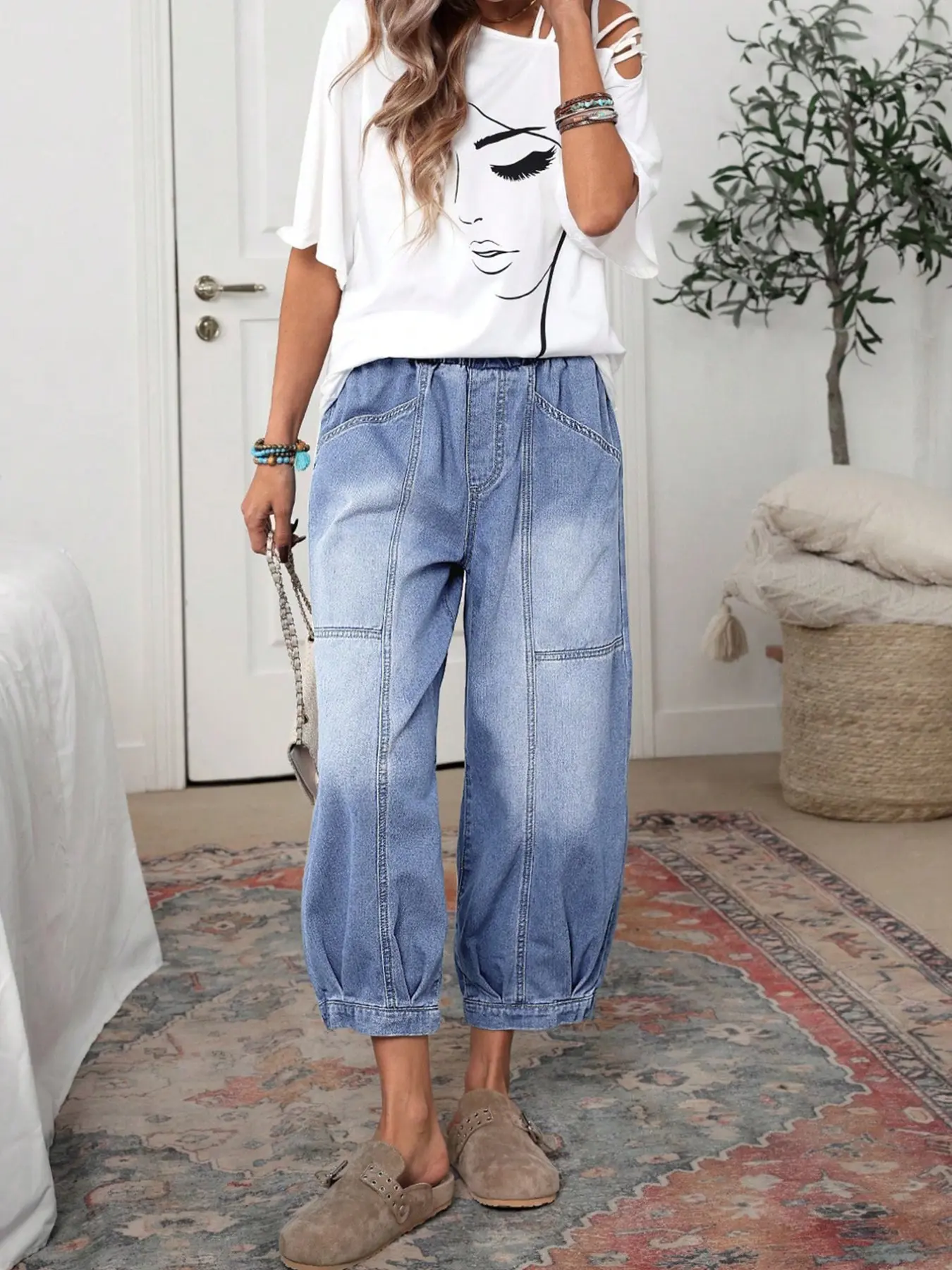 Lkuily Light Blue Elastic Waist Cuffed Cropped Harem Jeans, Seam Stitch Loose Fit, Daily Loungewear Travel Casual Denim Pants