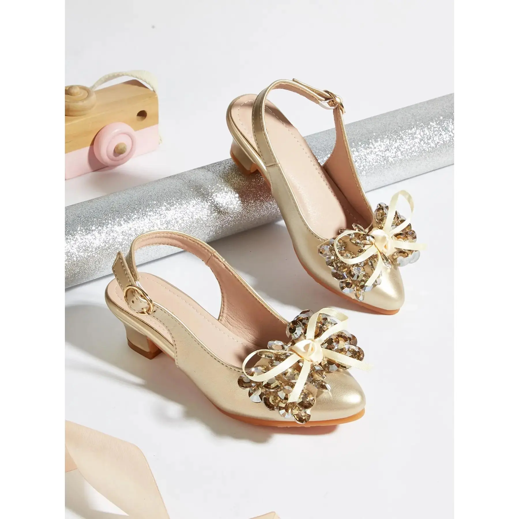 Girls' Chunky High Heels, Fashion Synthetic Leather Sandals with Rhinestone Floral Design and Ankle Strap, Chunky Heel, Less Than Ankle
