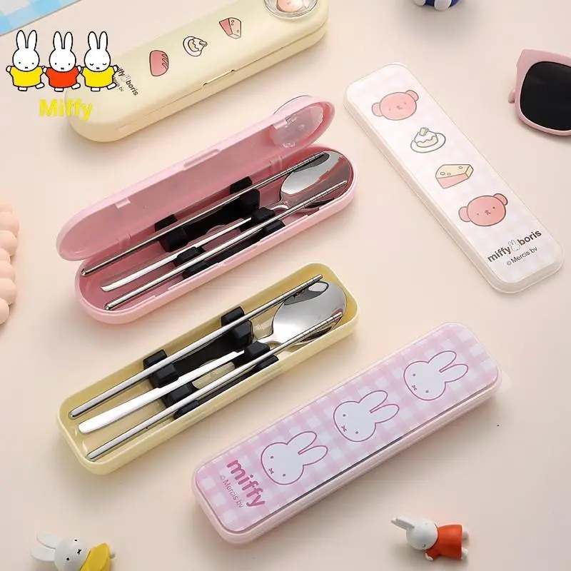 Kawaii Miffy Chopsticks and Spoons Set Cute Cartoon Portable Chopsticks and Spoons Utensils for Students Outdoor Storage Box