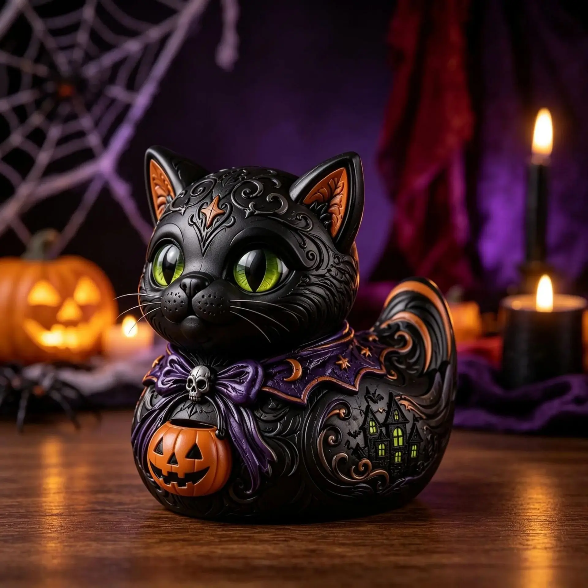 Halloween Cat Duck Statue, Gothic Horror Desk Decor, Retro Scroll Pattern, Glowing Haunted House, Skull Tie, Mini Pumpkin Light