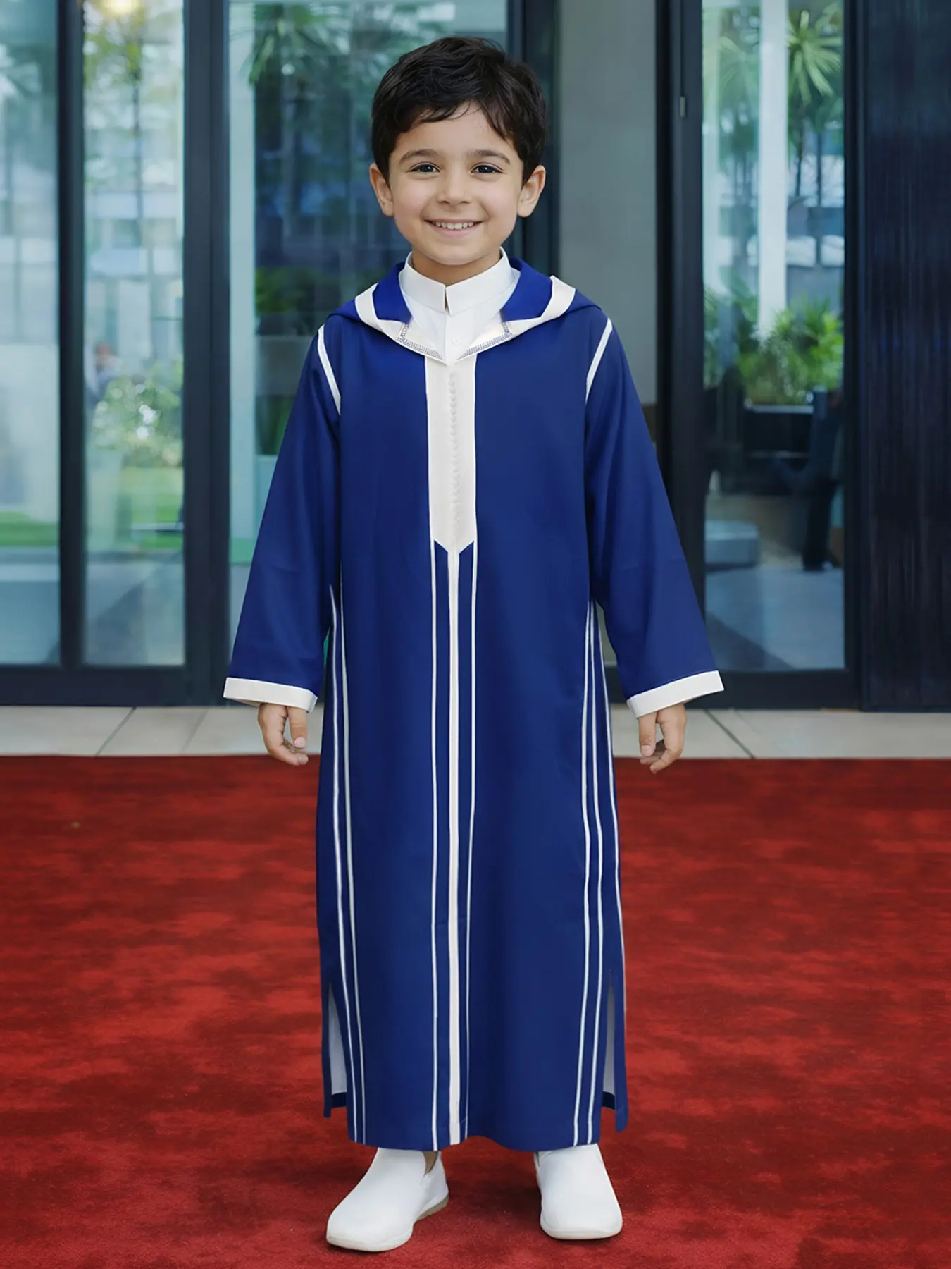 Moroccan Style Arabic Clothing Blue Print Boy Hooded Djellaba, 3D Decorative Side Pockets, Suitable for Boys Aged 8-12, Stylish and Comfortable