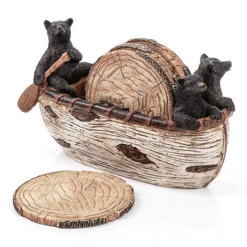 Bear Coasters Set of 6, Full Size Rustic Coasters, Handmade Canoe with Bear Figurines, Log Cabin Decor, Rustic Lodge Decor for Home