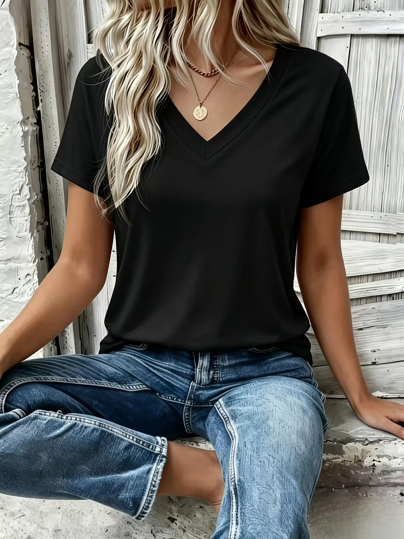 Spring Summer Women's Casual Everyday Short Sleeve V-Neck T-Shirt, Comfortable Breathable Solid Color Basic Top, Ladies Fashion Apparel