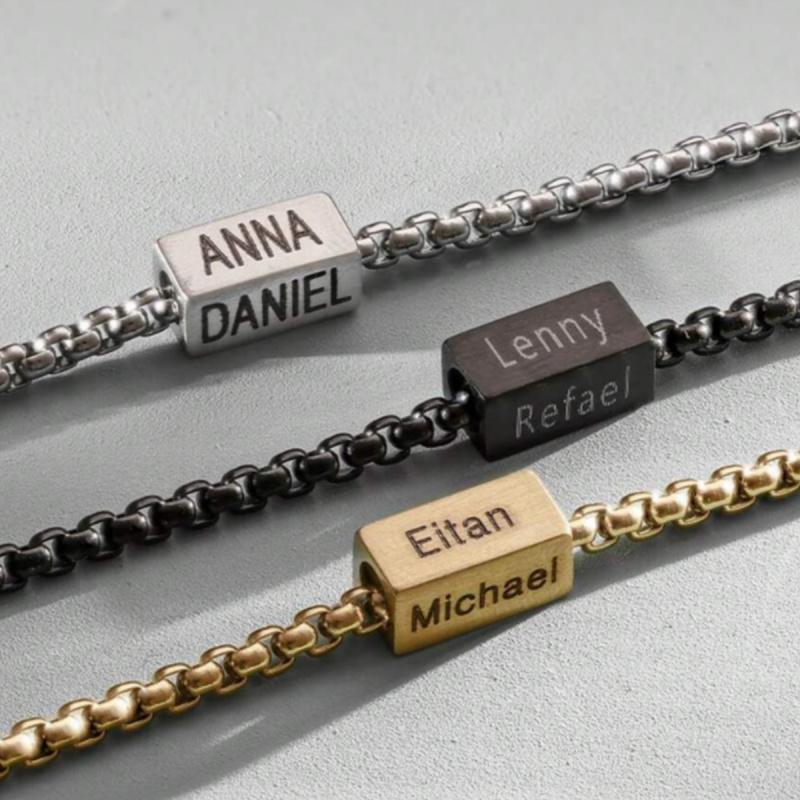 A personalized stainless steel square pendant bracelet for men with custom name engraving, a multi-name engraving bracelet with personalized engraving on 1-4 sides, a stainless steel square pendant bracelet with personalized engraving on 1-4 sides, a Fath