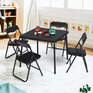 Kids Folding Table and Chair Set of 3, Upholstered Children's Activity Table and Chair Set, Metal Frame Foldable Card Table and Chair Set for Eating, Reading, Playing