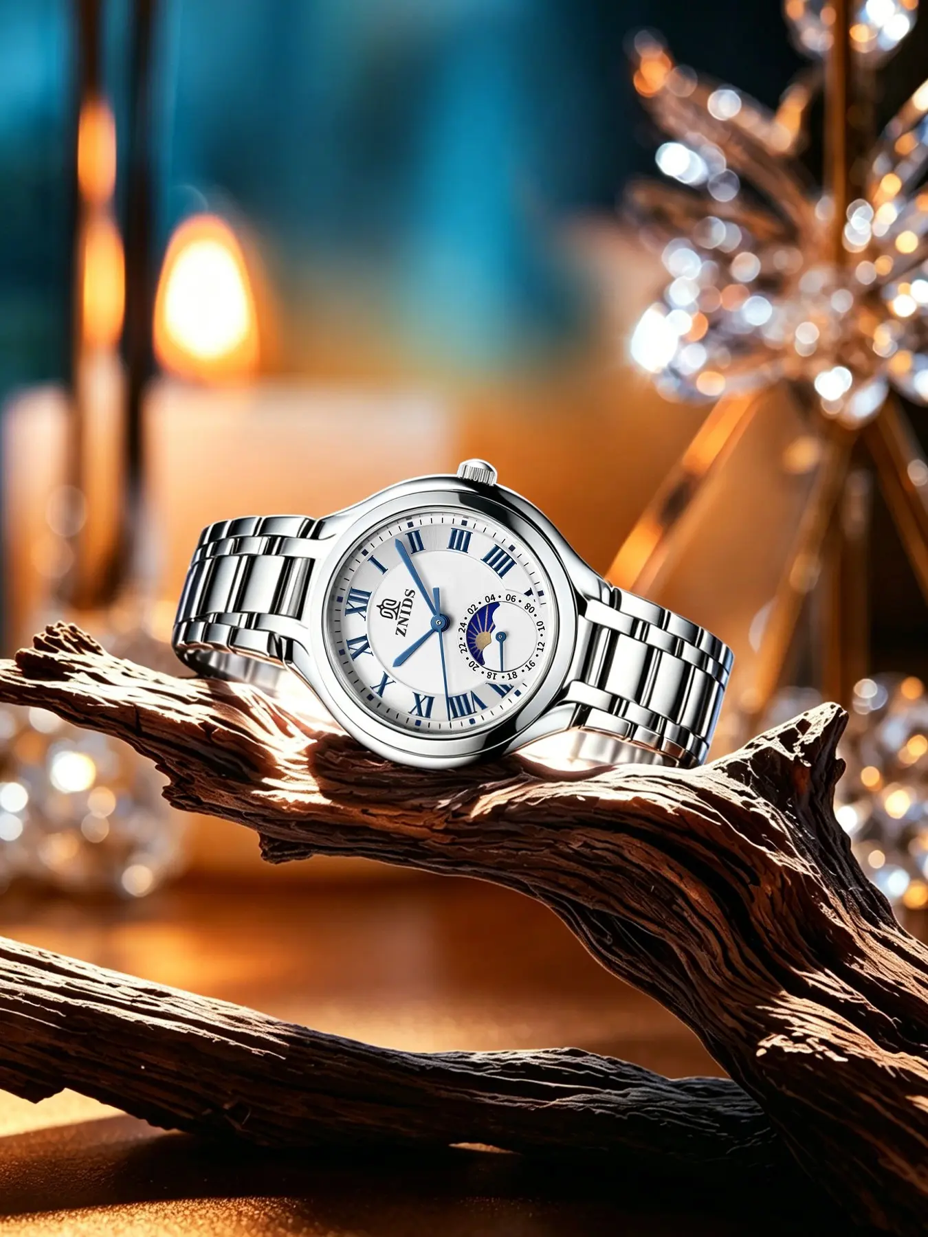 Vintage Roman Numerals Moon Phase Watch, Full Steel Strap, Casual Style, Analog Face, Quartz Movement, Men's Business Commuter Watch