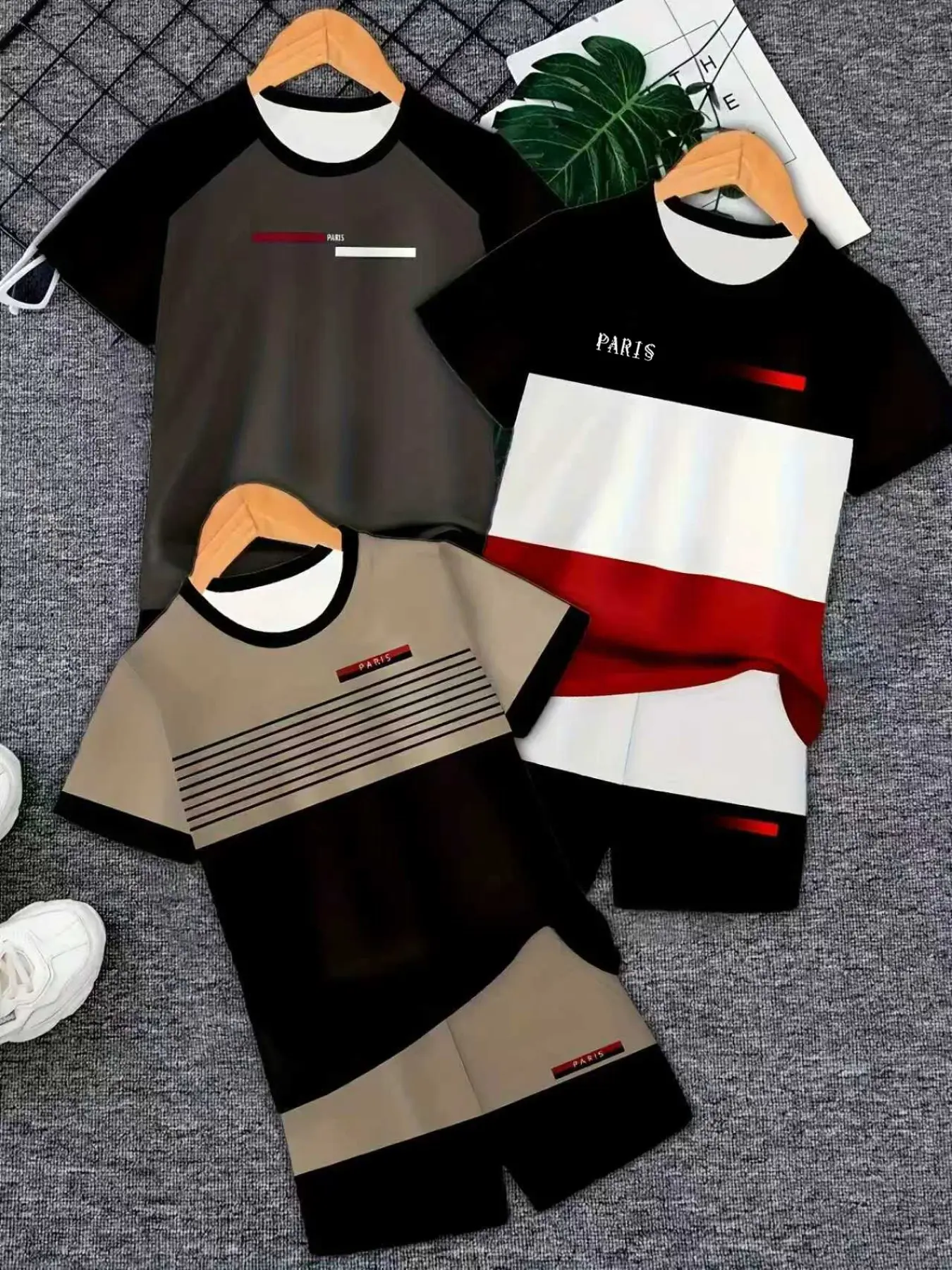 Youth Boys' 6-Piece Set, Fashion 3D Print Casual Fitted Geometric Pattern, Outdoor Sportswear, Sports Clothing Set, Athletic Set, Short Sleeve Tee & Shorts Combo, Sporty Tee Set, Top And Shorts