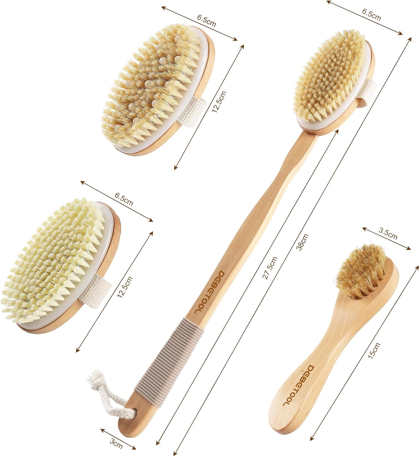 Dry Brushing Set - Natural Boar Bristle Body & Face Brush, Wooden Long Handle Scrub Brush for Cellulite & Lymphatic Drainage, Detachable, 3 Brush Heads Gift Silicone