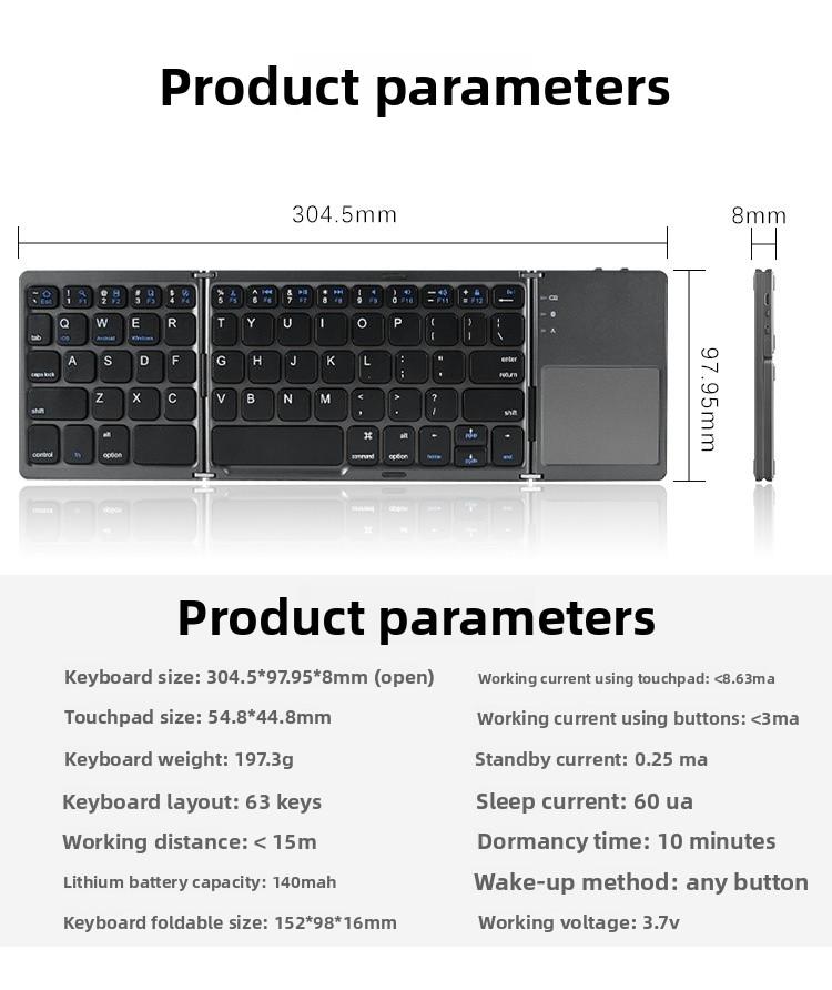 Wireless Bluetooth Keyboard for Android Smartphone Tablet Dual Device Connection Rechargeable Battery Foldable Touchpad Smart Laptop Typing Tool B033