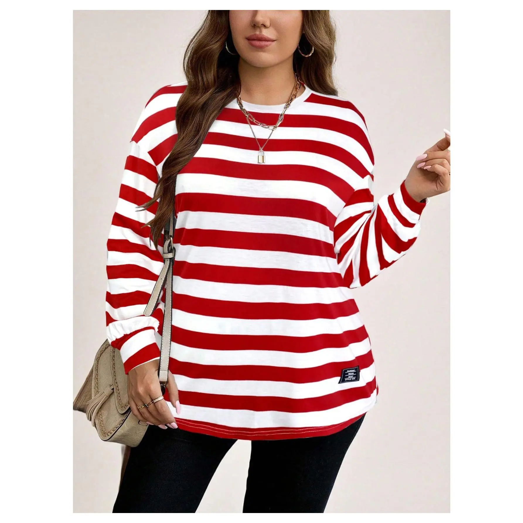 Plus Size Striped T Shirts Crew Neck Long Sleeve Tee Split Side Tops