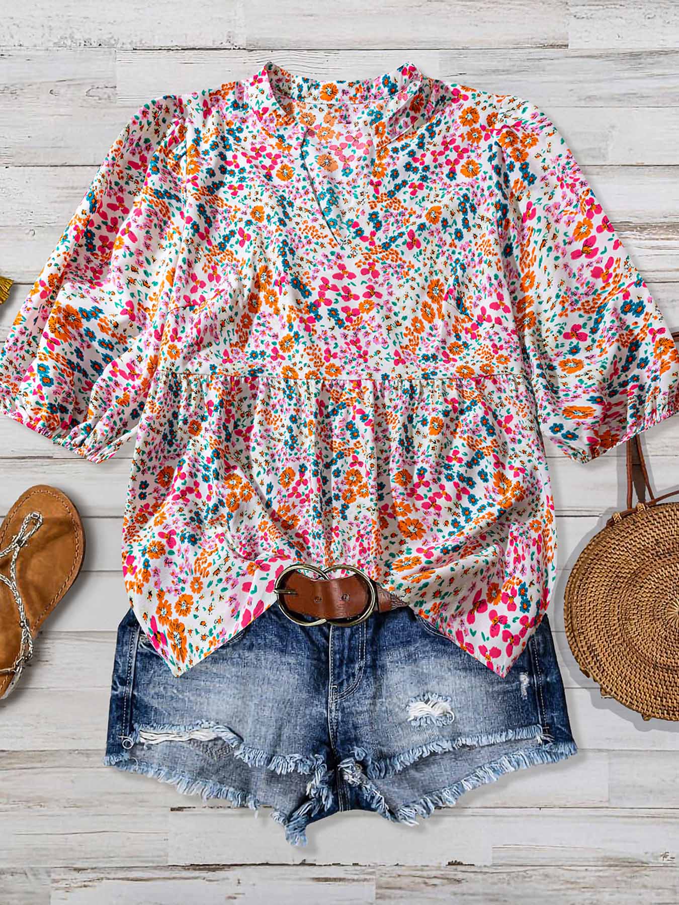 【Plus Size】 Floral Print Notched Neck Boho Cottagecore Blouse, Boho Floral Printed Casual Bishop Sleeve Top for Summer, Women's Clothes for Daily Wear