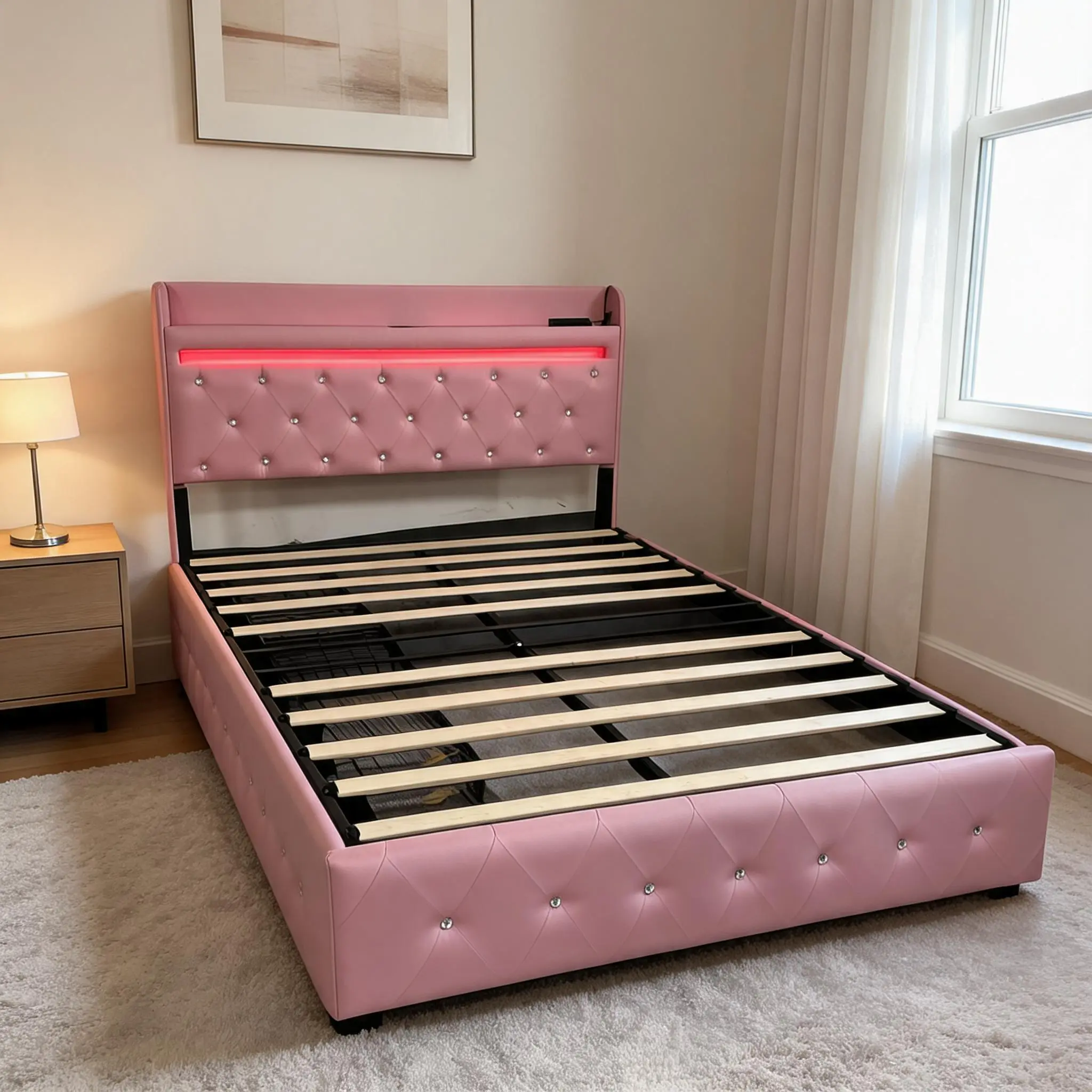 Upholstered LED Bed Frame - with Storage Headboard, Charging Station and 2 Drawers, Soft Velvet Princess Platform Bed, Wood Support, No Box Spring Needed, Easy Assembly summerwins