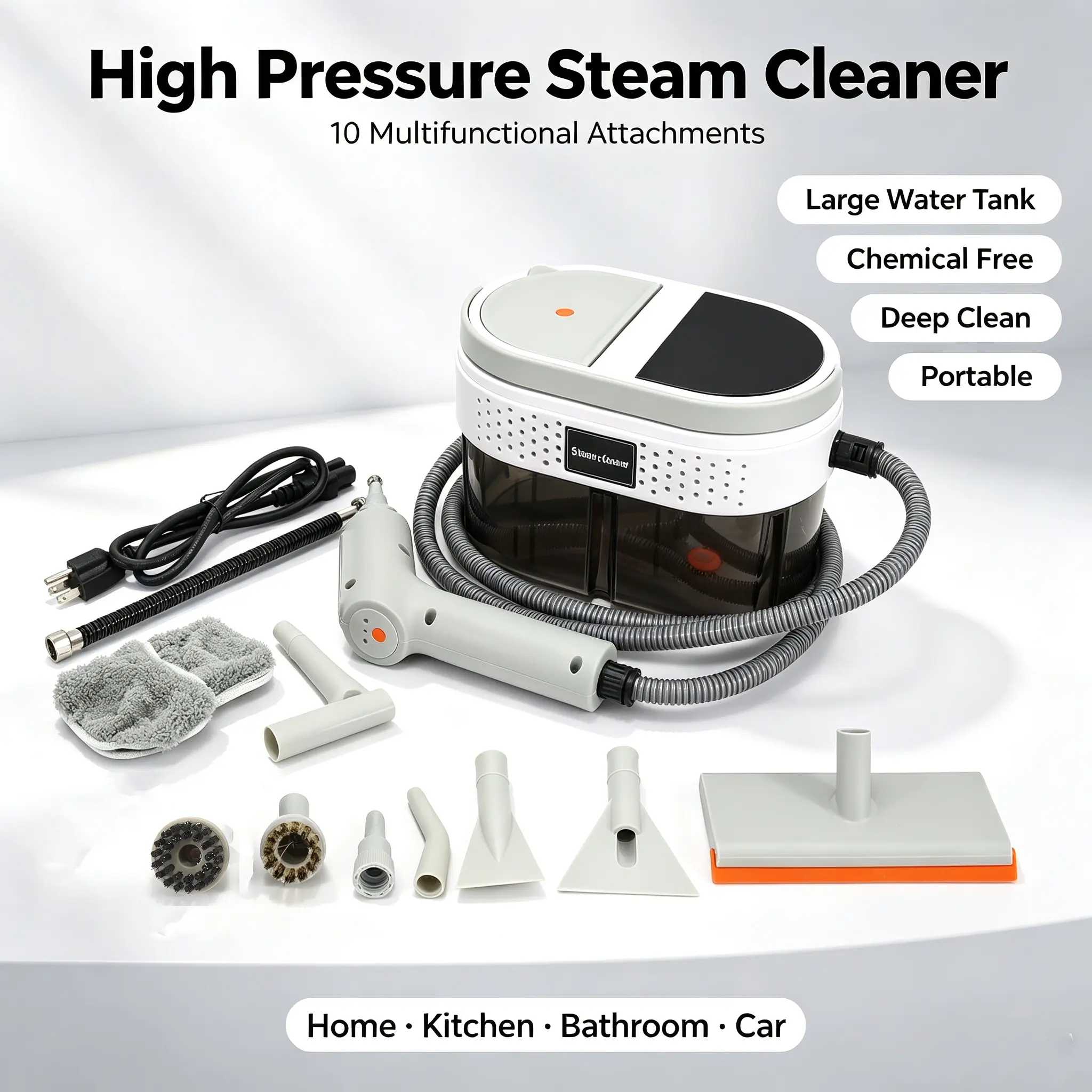 Handheld Electric High Pressure Steam Cleaner 10 Multifunctional Attachments Large Water Tank Chemical Free Sanitization Deep Clean Kitchen Bathroom Tile Grout Car Surface Stain Removal Portable Household Auto Cleaning Device Anti Scale Easy Operate