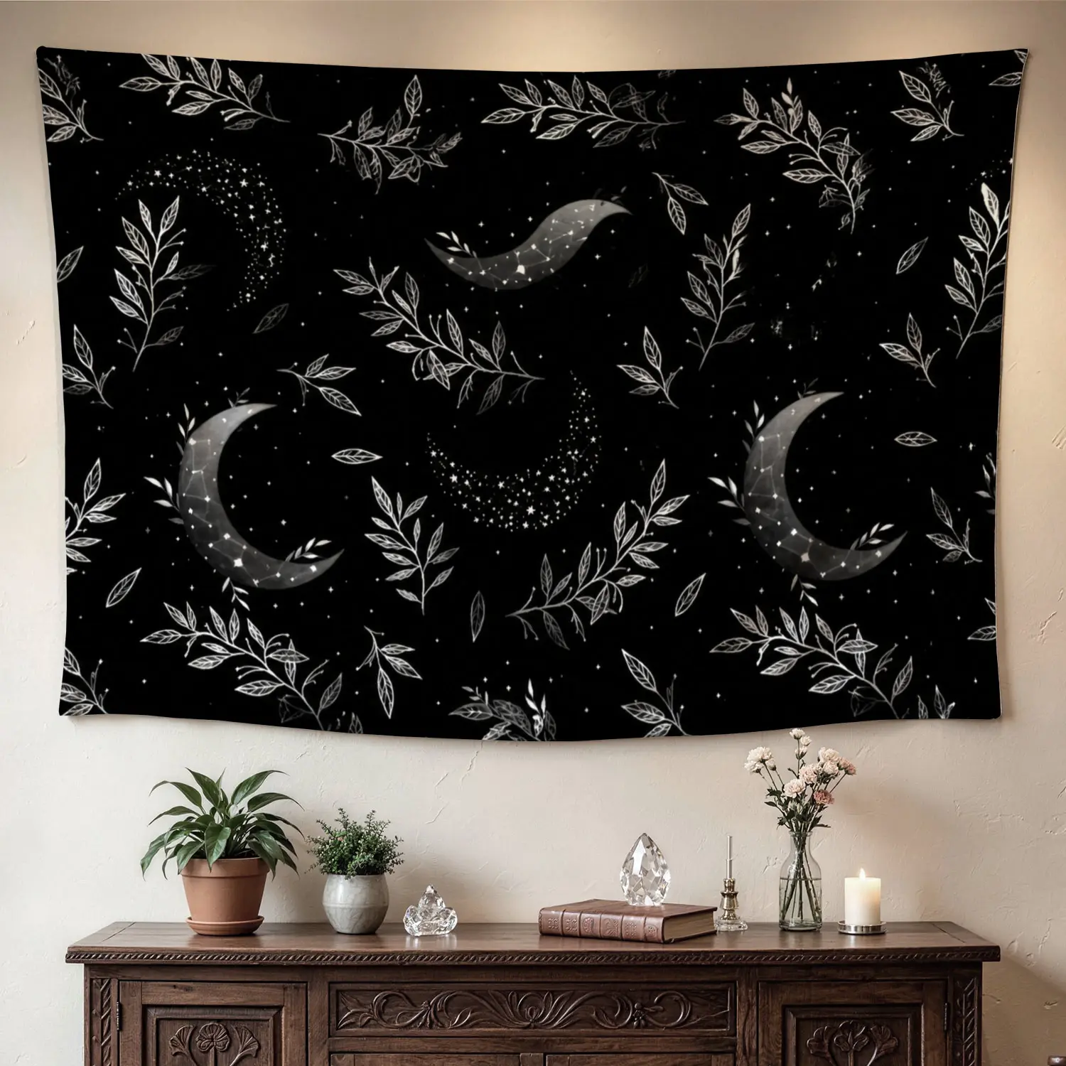 Celestial Black Moon Botanical Leaf Wall tapestry, Large size Printed Horizontal Tapestry blanket, Polyester Fabric Wall Hanging for living room, bedroom, No Installation Required, Indoor, Outdoor, Gift for Family and Friends