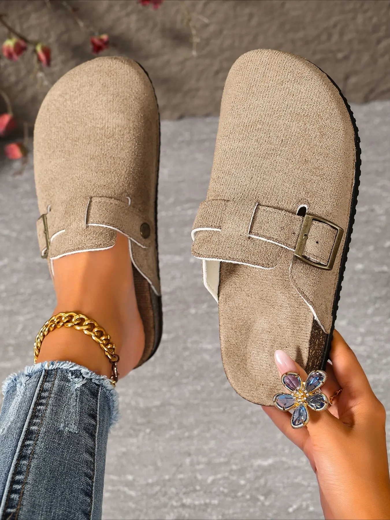 Closed toe birken mules with metal buckle, soft cork insole, three colors, lazy commuter slip-on casual women slide shoes