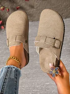 Closed toe birken mules with metal buckle, soft cork insole, three colors, lazy commuter slip-on casual women slide shoes