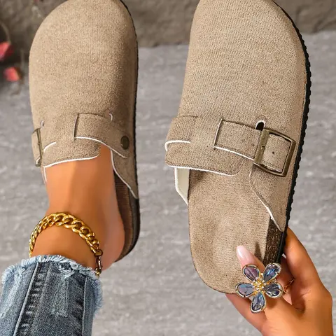 Closed toe birken Pu Leather mules with metal buckle, soft cork insole, three colors, lazy commuter slip-on casual women slide shoes