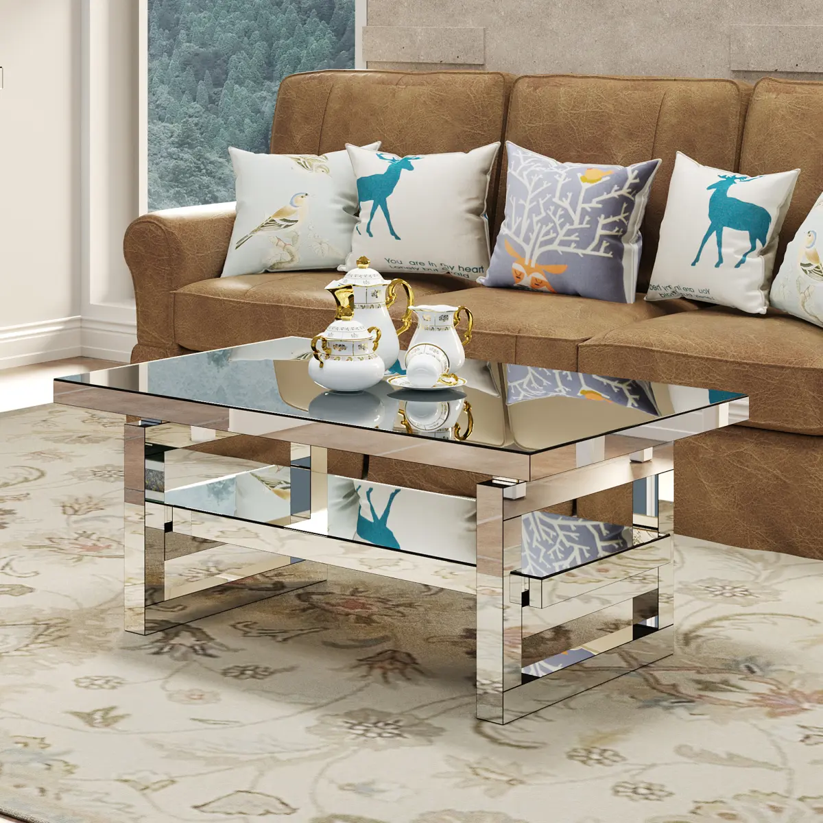 Mirrored Coffee Table with 2 Tiers Storage, Rectangle Silver Mirrored Coffee Table for Living Room, Modern Glass Living Room Center Table Cocktail Coffee Tea Table for Small Spaces Apartment