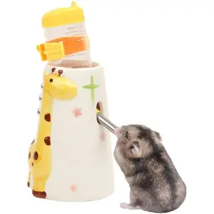 Small Animal Standing Water Dispenser Ceramic Base Cage Hanging Auto Water Feeding Bottle for Hamster Guinea Pig Squirrel Rabbit Hedgehog Yellow