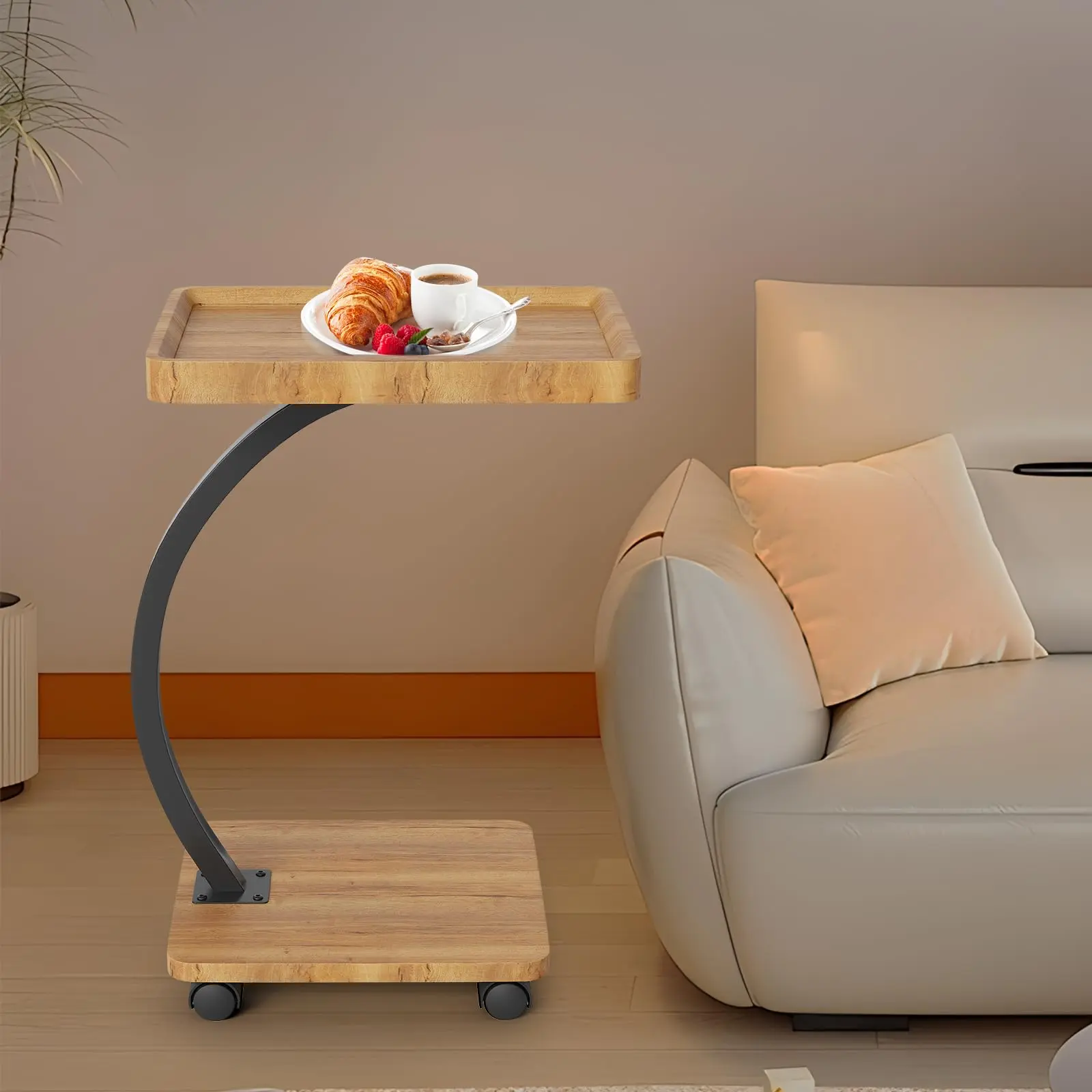 Compact C-Shaped Laptop Table with Casters, Sturdy Metal Frame, Convenient Slide-Under Sofa and Bed Design, Versatile Side Table Suitable for Living Room, Bedroom and Dining Room