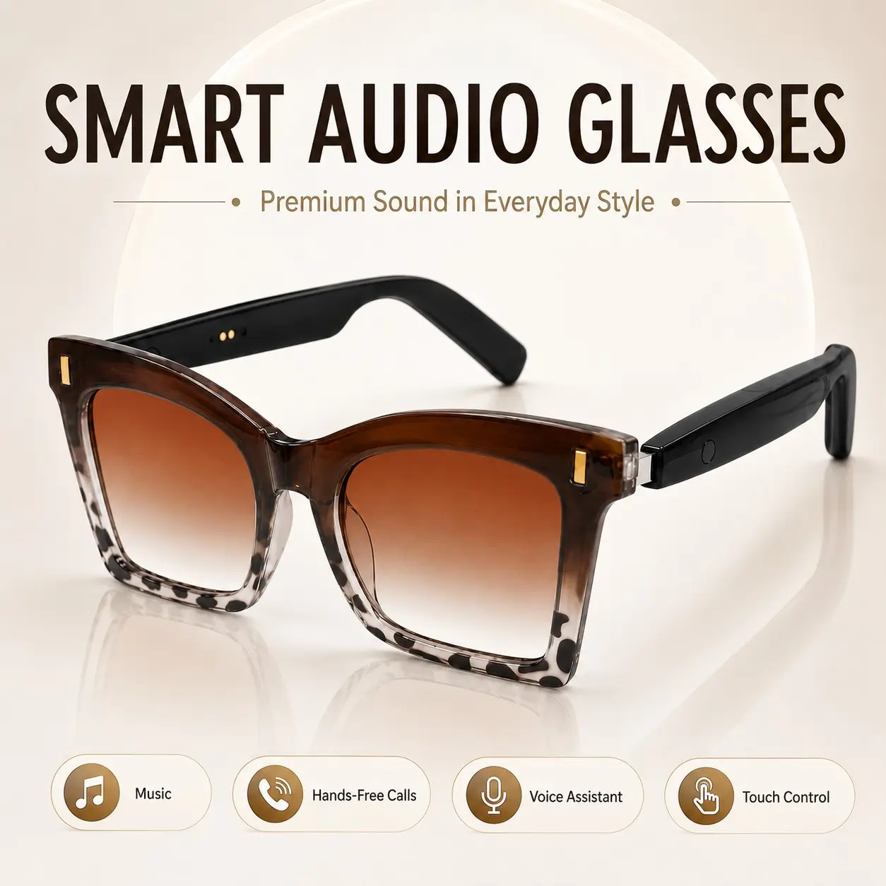 Smart Glasses, Open-Ear Bluetooth Sunglasses with Music, Clear Hands-Free Calls, Remote Phone Camera Control, Voice Assistant and UV Protection