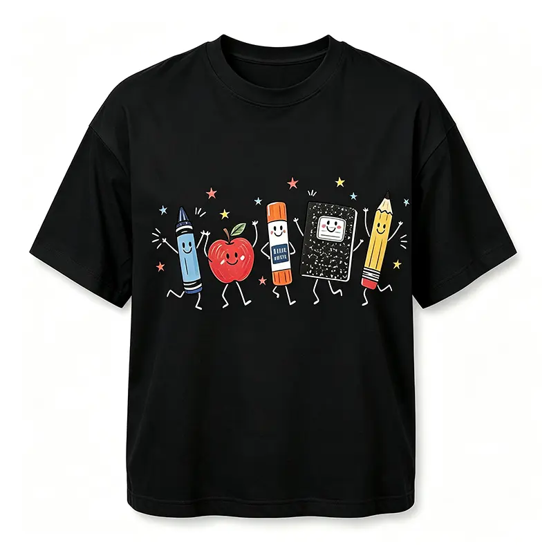 Cute Walking School Supplies Graphic T-Shirt Crayon Apple Glue Notebook Pencil Teacher Women Casual Tee