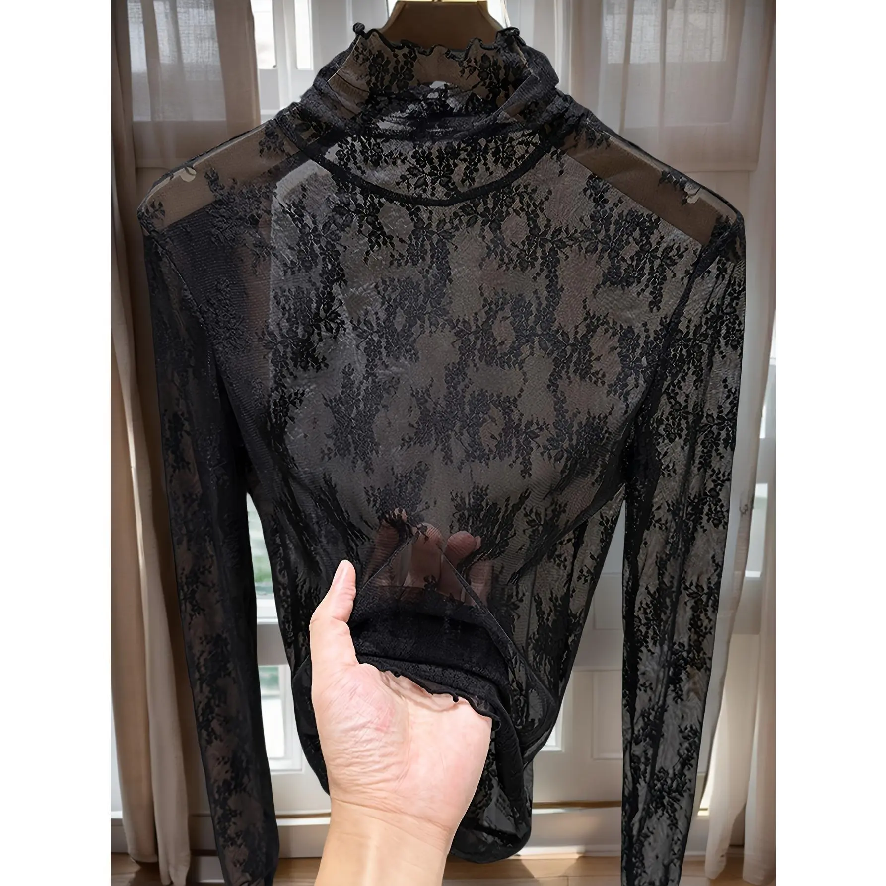 Turtleneck Sexy Black High-Neck Lace Turtleneck Tee | Women's Sheer Mesh Top, Polyester Blend, Regular Length, Spring/Autumn Fashion, Lace Detail, Knit Fabric