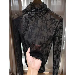 Turtleneck Sexy Black High-Neck Lace Turtleneck Tee | Women's Sheer Mesh Top, Polyester Blend, Regular Length, Spring/Autumn Fashion, Lace Detail, Knit Fabric