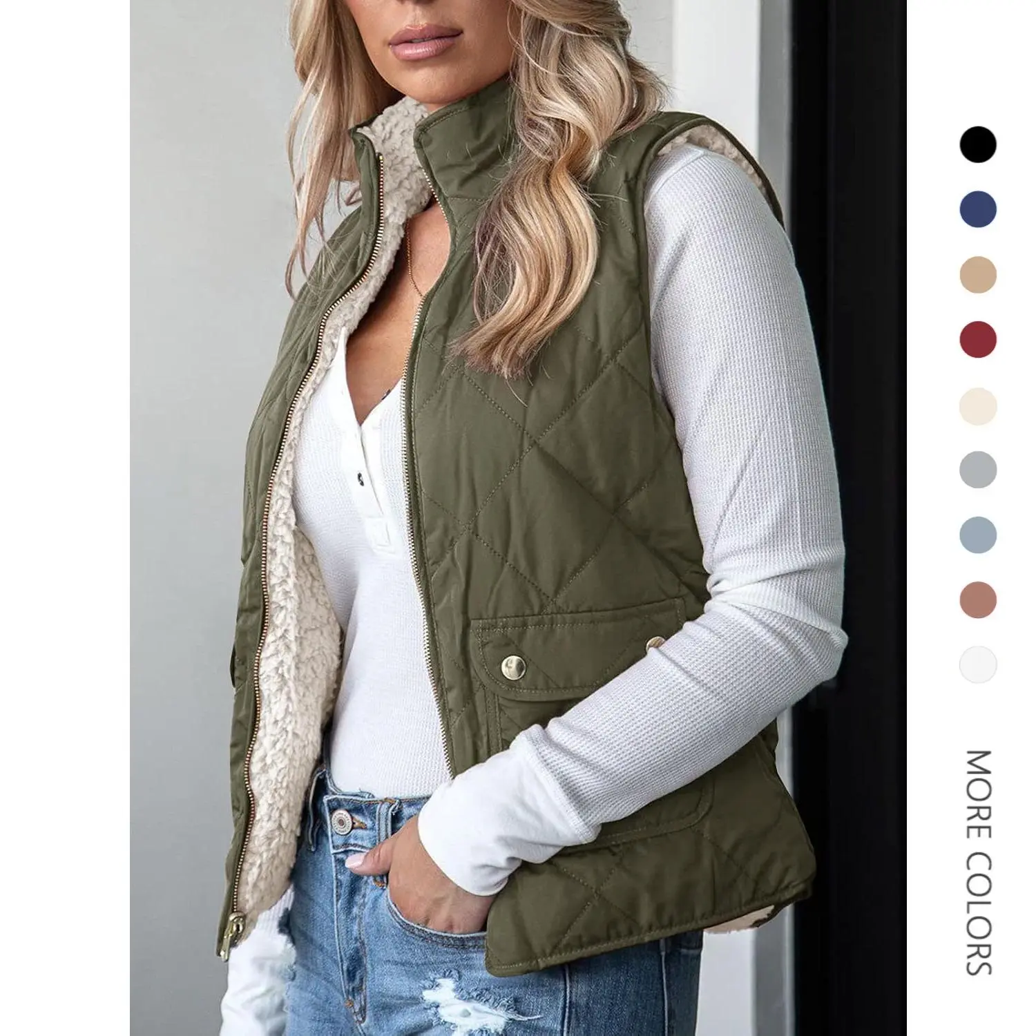 Danedvi Women's Minimalist Reversible Sherpa Vest - Quilted Zip Fuzzy Fleece Padded Gilet, Basic Casual Built-in Pockets Women's Vest, Built-In Pockets Women's Vests, Fuzzy Fleece Women's Vests