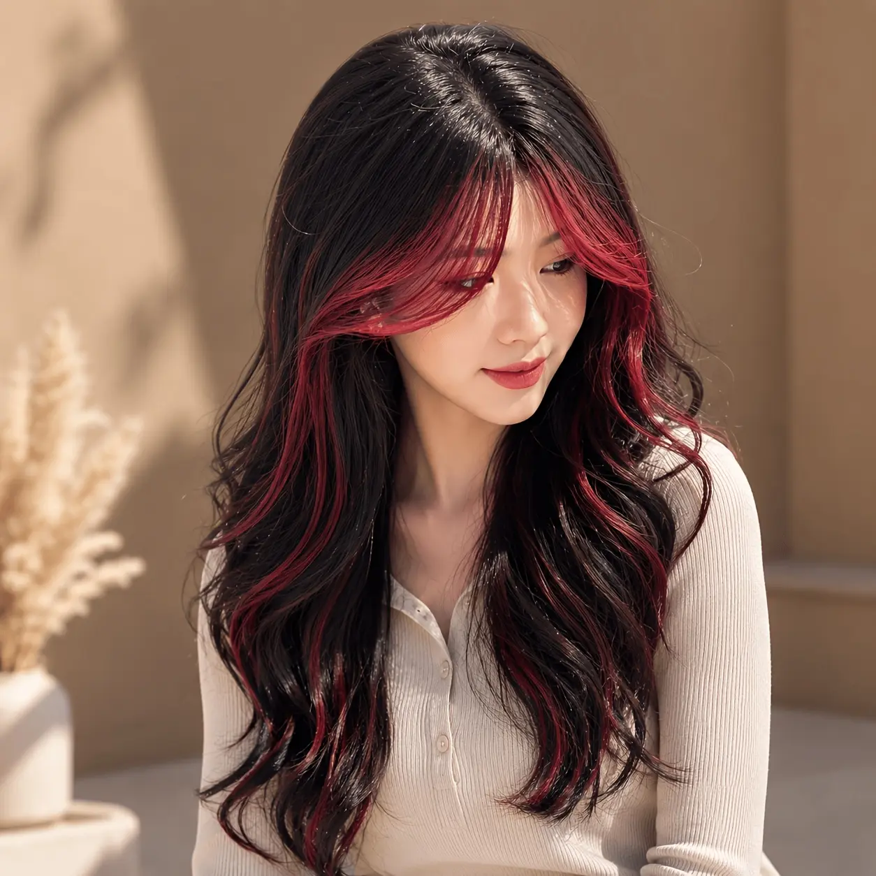Suitable for everyone's daily wig, black and red dual color, dyed with medium and large waves, long hair design, fashionable and elegant, party universal wig, Halloween wig fiber wig