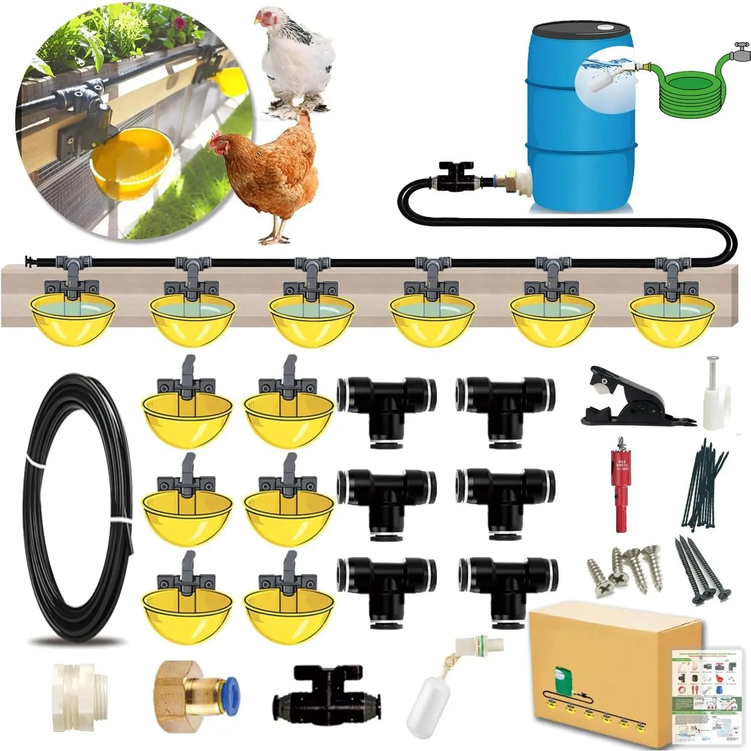 Complete Set Pipeline Automatic Chicken Waterer System, Innovative Quick-Connect Water System with Large Size Water Cups Removable and Washable, 18ft Pipeline and Float Valve (Yellow, 6Cup)