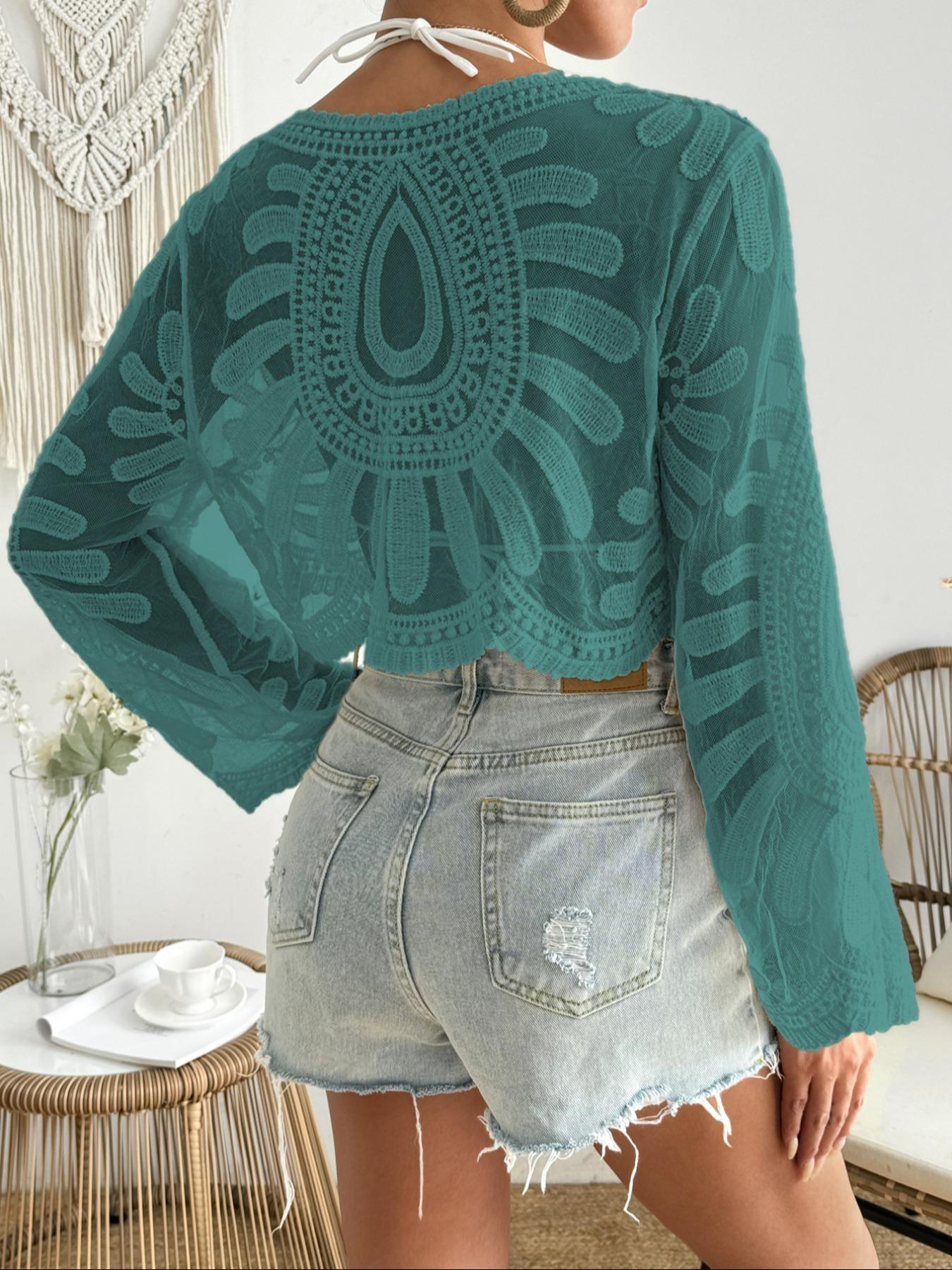 Women's Floral Embroidery Semi-sheer Cover Up Top, Boho Casual Long Sleeve Cover Up for Beach Vacation, Ladies Clothes for All Seasons, Beach Cover Ups, Swimwear Coverups