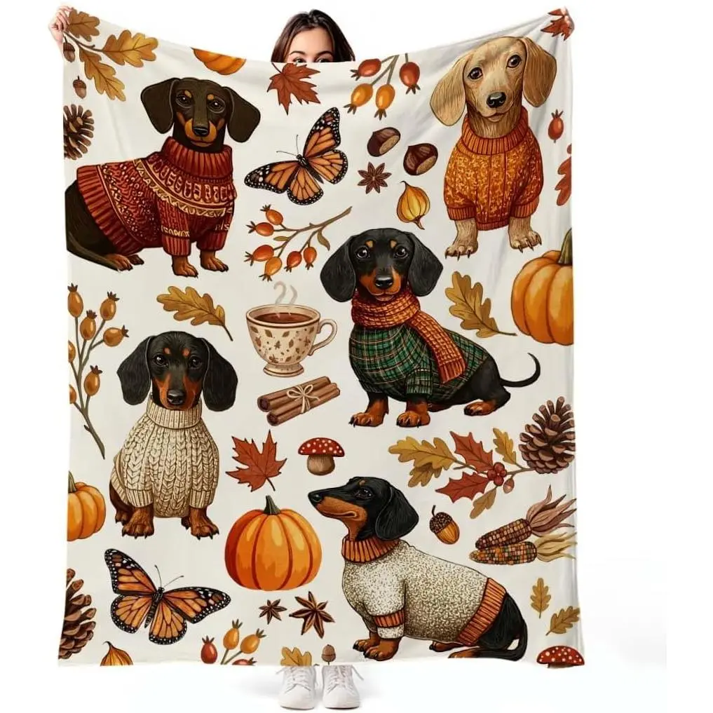 Fall Dachshund Flannel Blanket Pumpkin  Lover , 50 x 60 inch | Soft flannel blanket with fall dachshund pumpkin design for sofa reading and travel as a Thanksgiving  for  lovers