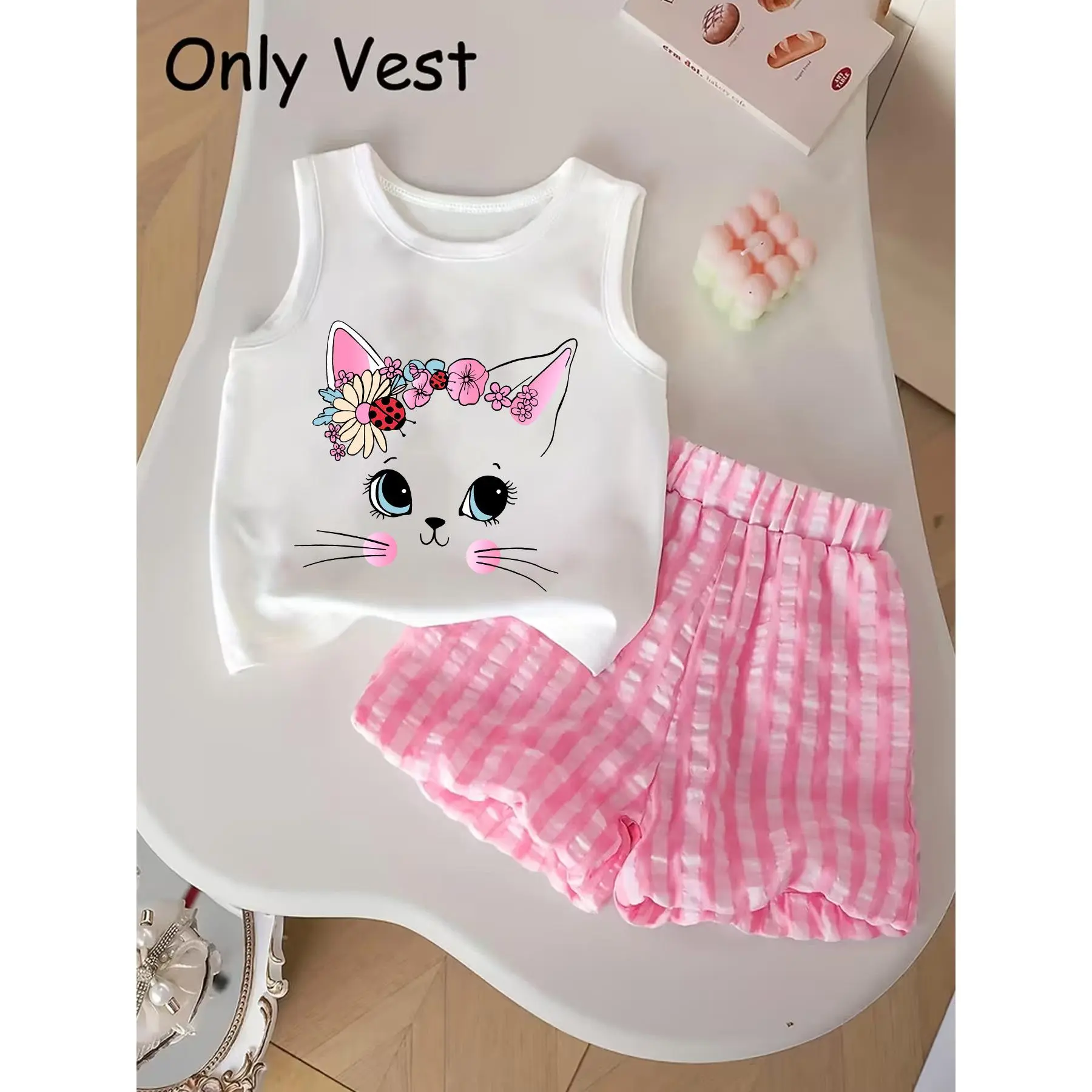[1pc] Girls' Vest Spring Summer Trendy Fashion Cute Kitten Pattern Print Vest Casual Comfortable Kids' Clothing Outerwear Base Layer Sports Vest Top Wear Gift