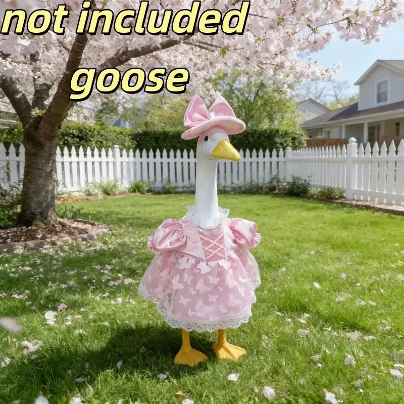 2Pcs set(Pink Bow Hat + Butterfly Print Skirt )Costume Fits 23 Inch Porch Goose Statue, Spring Summer Outdoor Garden Yard Decor, All Season Lawn Goose Decorations, Cute Satin Lace Goose Dress Outfit (Goose Not Included)