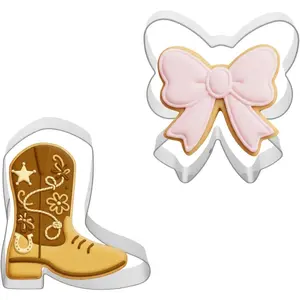 2Pcs Boot and Bow Cookie Cutter Set Metal Cute Cookie Cutters Stainless Steel Boot Bows Gender Reveal Fondant Mold for DIY Craft Baking Birthday Wedding Supplies (Silver)
