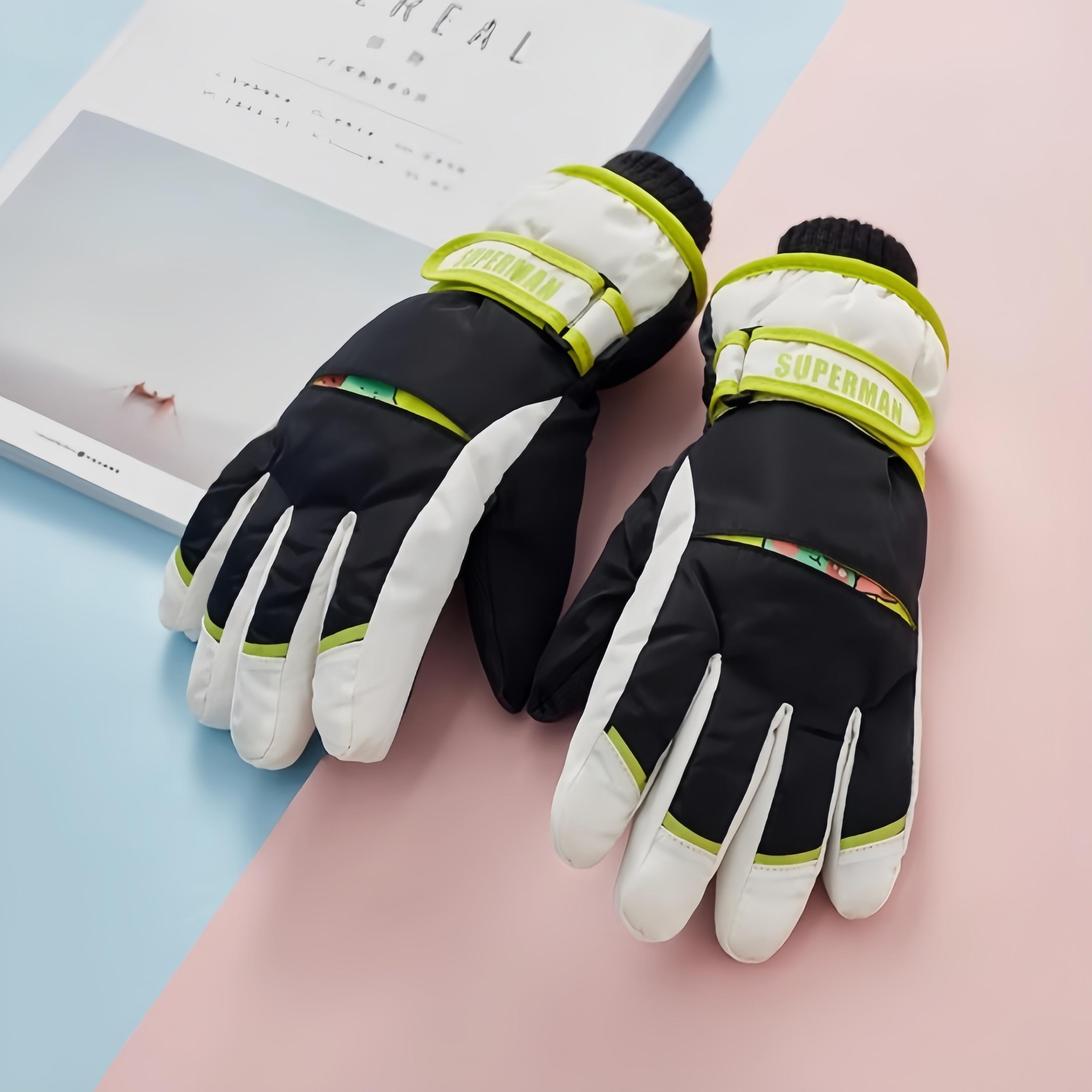1-Pair Winter Ski Gloves - Cold Weather Thermal Gloves with Wrist Strap & Color-Coded Tips, Soft Plush Inner Lining - Ideal for Skiing, Snowboarding, Snowplay - Boys & Girls Ages 6-10 Years - Multi-Color Options (Blue, White, Black, Orange, Green, Pink, G