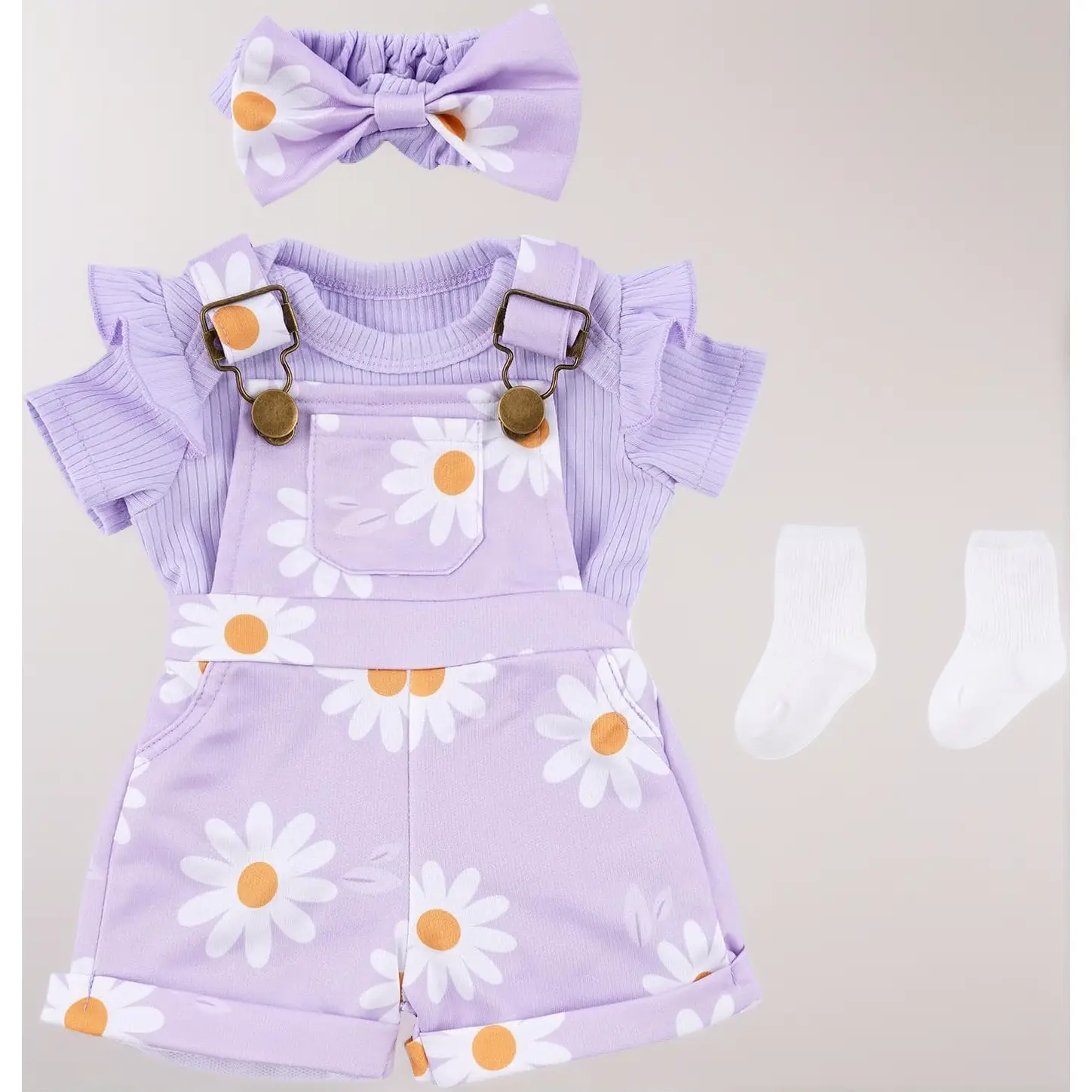 Floral 4-Piece Outfit Set for 17-22 In Reborn Dolls - Overalls, Headband, Socks, Doll Accessories, DIY Supply (Toys & Hobbies DIY Painting Supplies), 17-22 Inches