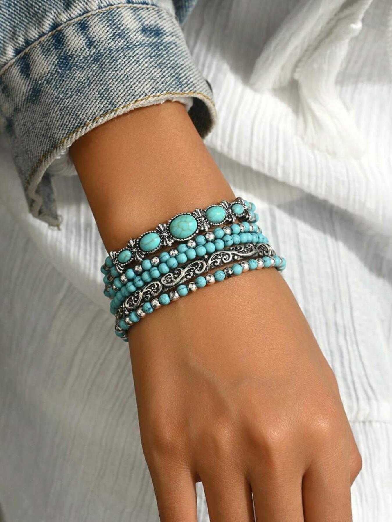 Western Cowboy Style Vintage Faux Turquoise Beaded Stackable Bracelet Set, 5 Pcs Elastic String Jewelry for Men & Women Daily Wear