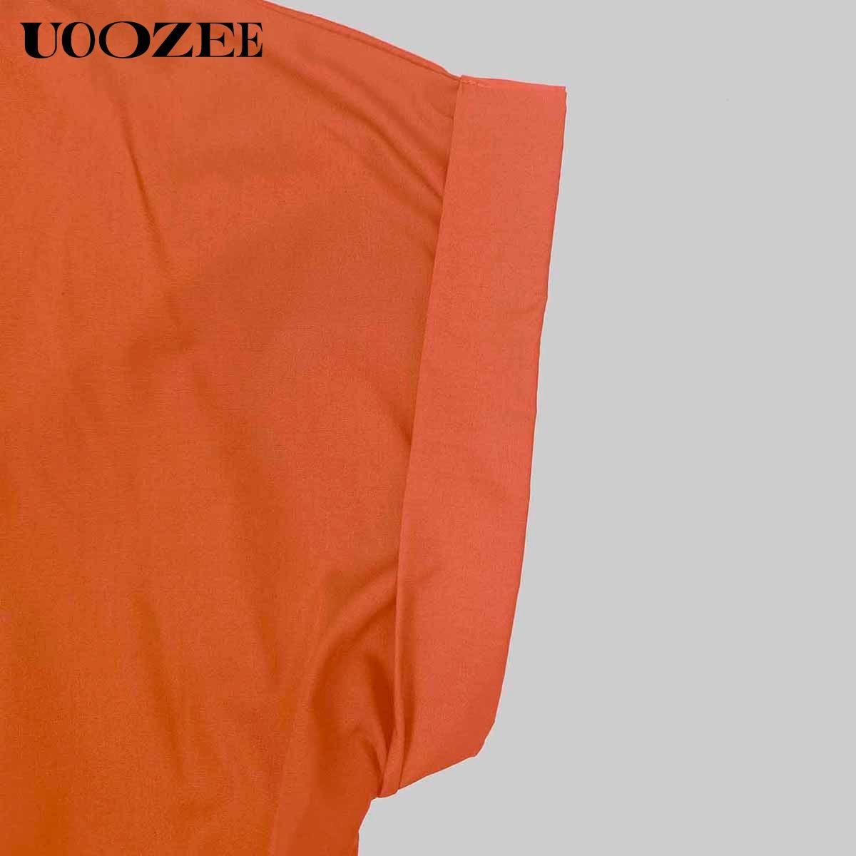 UOOZEE Women's Orange Loose Short Sleeves Pleated Pockets Solid Color Split-Joint V-Neck Maxi Dresses Summer Casual Basic Elegant Style Cotton Blend Comfortable Fit
